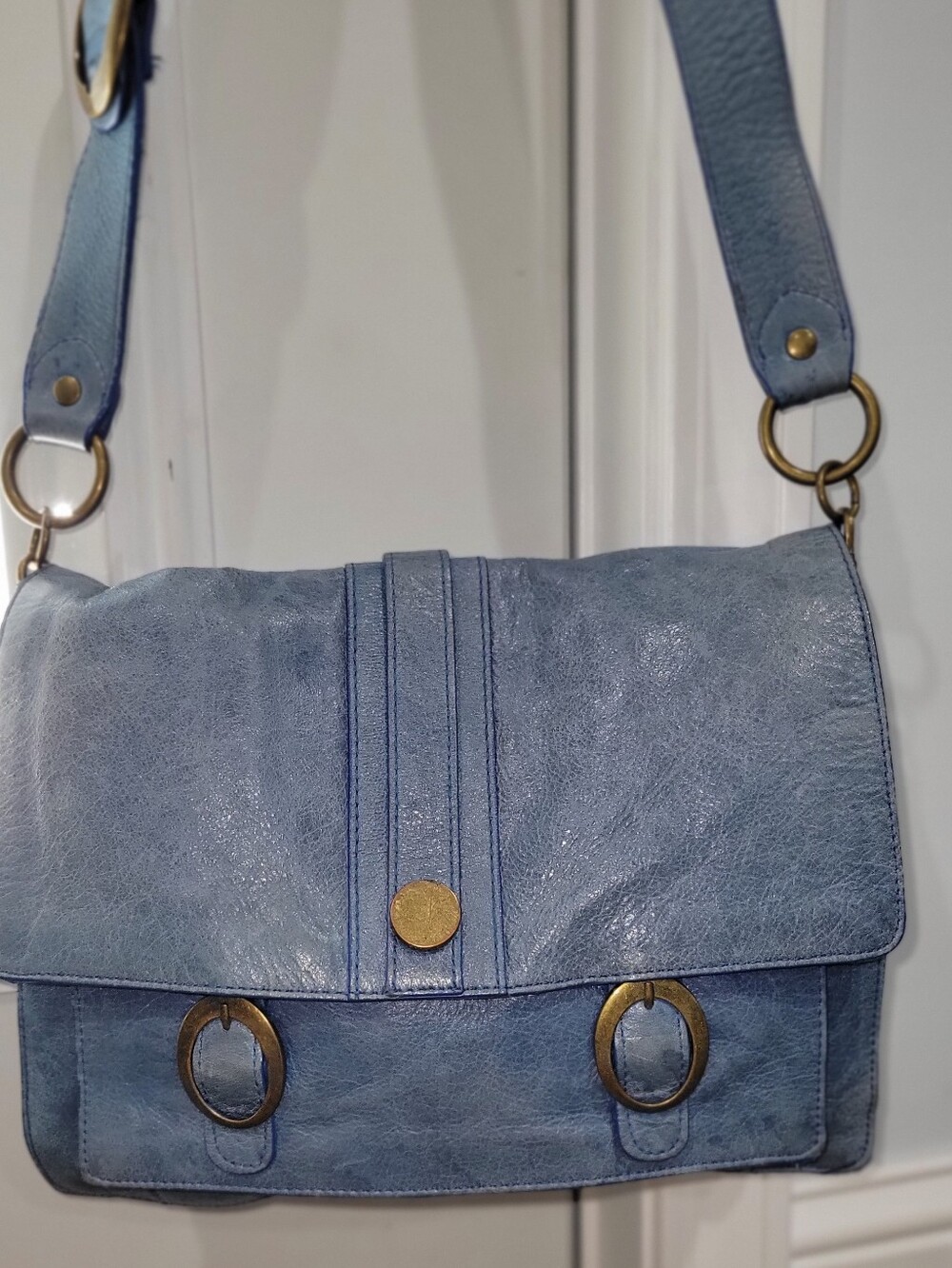 Anthropologie  Blue Leather Lucky Penny Bag.